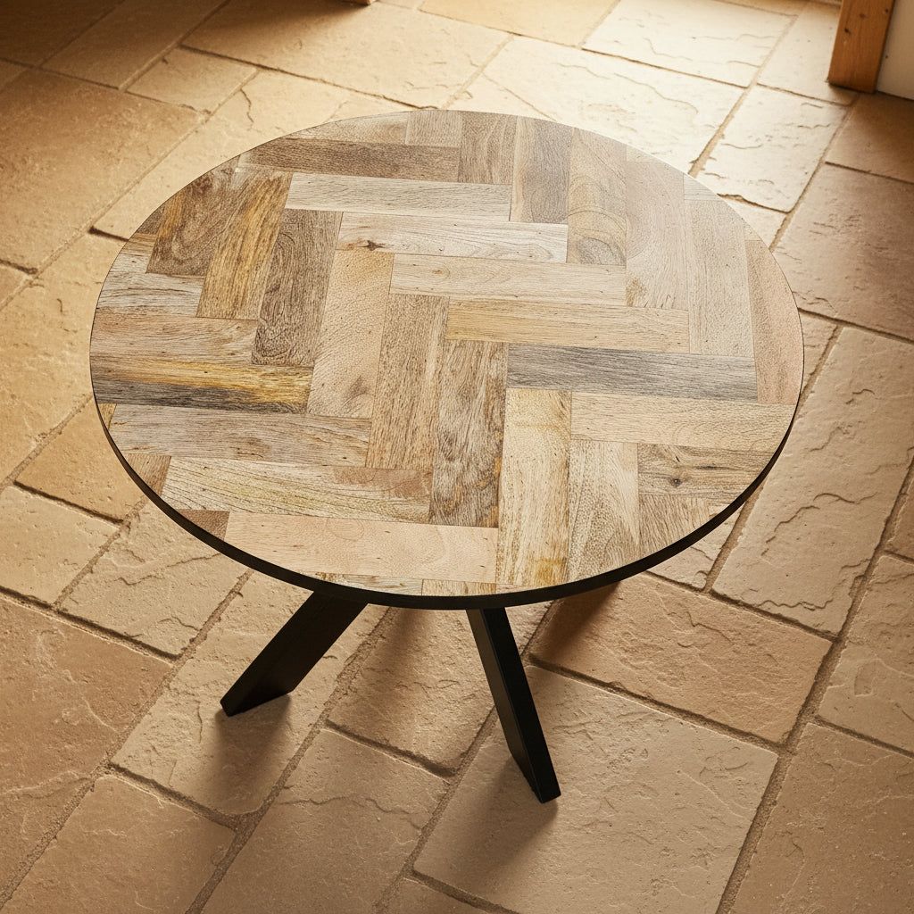 Round Herringbone Coffee Table - Metal Legs