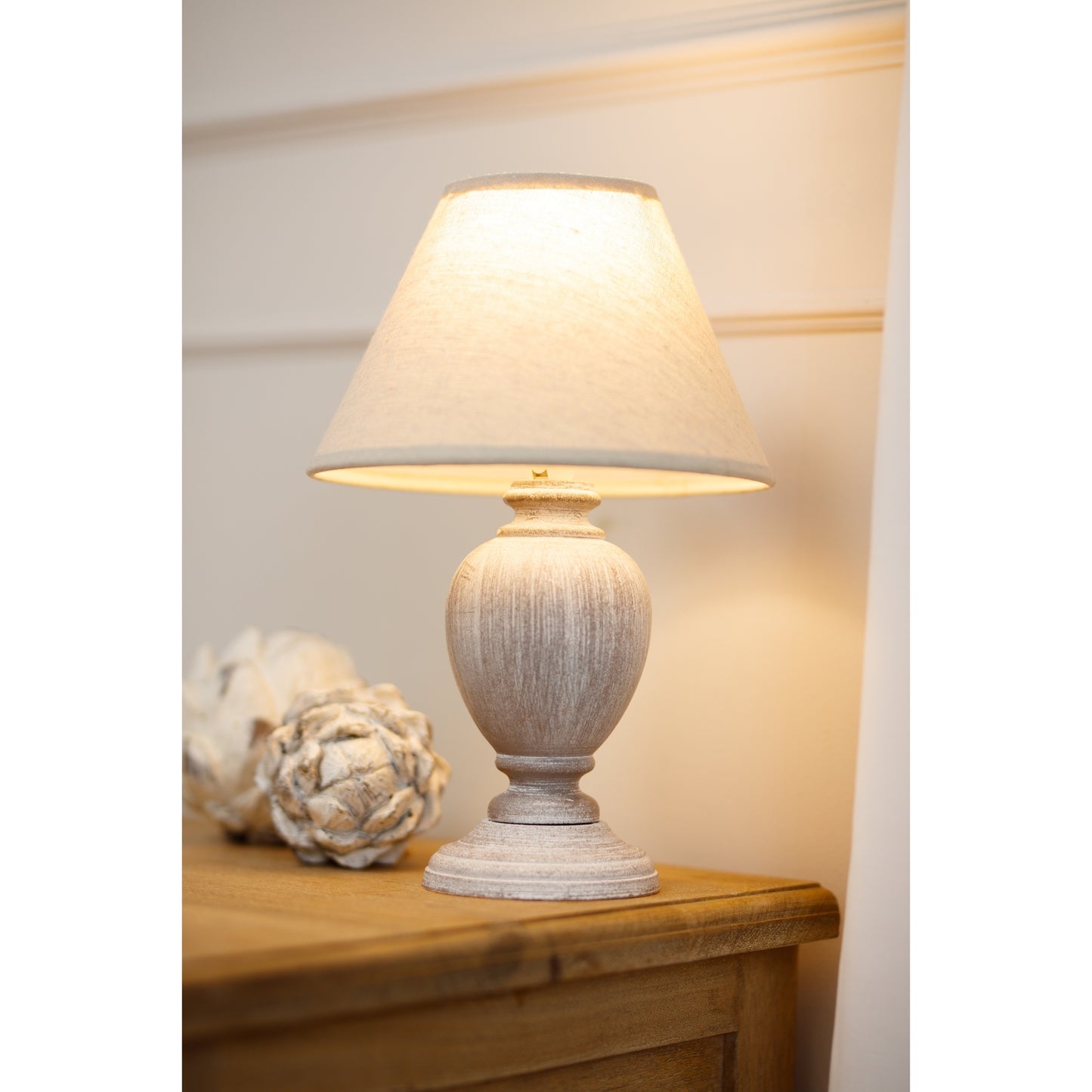 Small Wooden Urn Table Lamp with Linen Shade