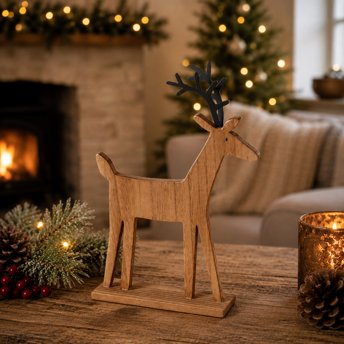 Wooden Reindeer - Pine & Metal