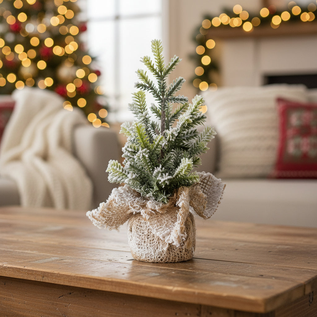 Small potted Christmas tree with snow effect in a decorative paper bag on a plain background