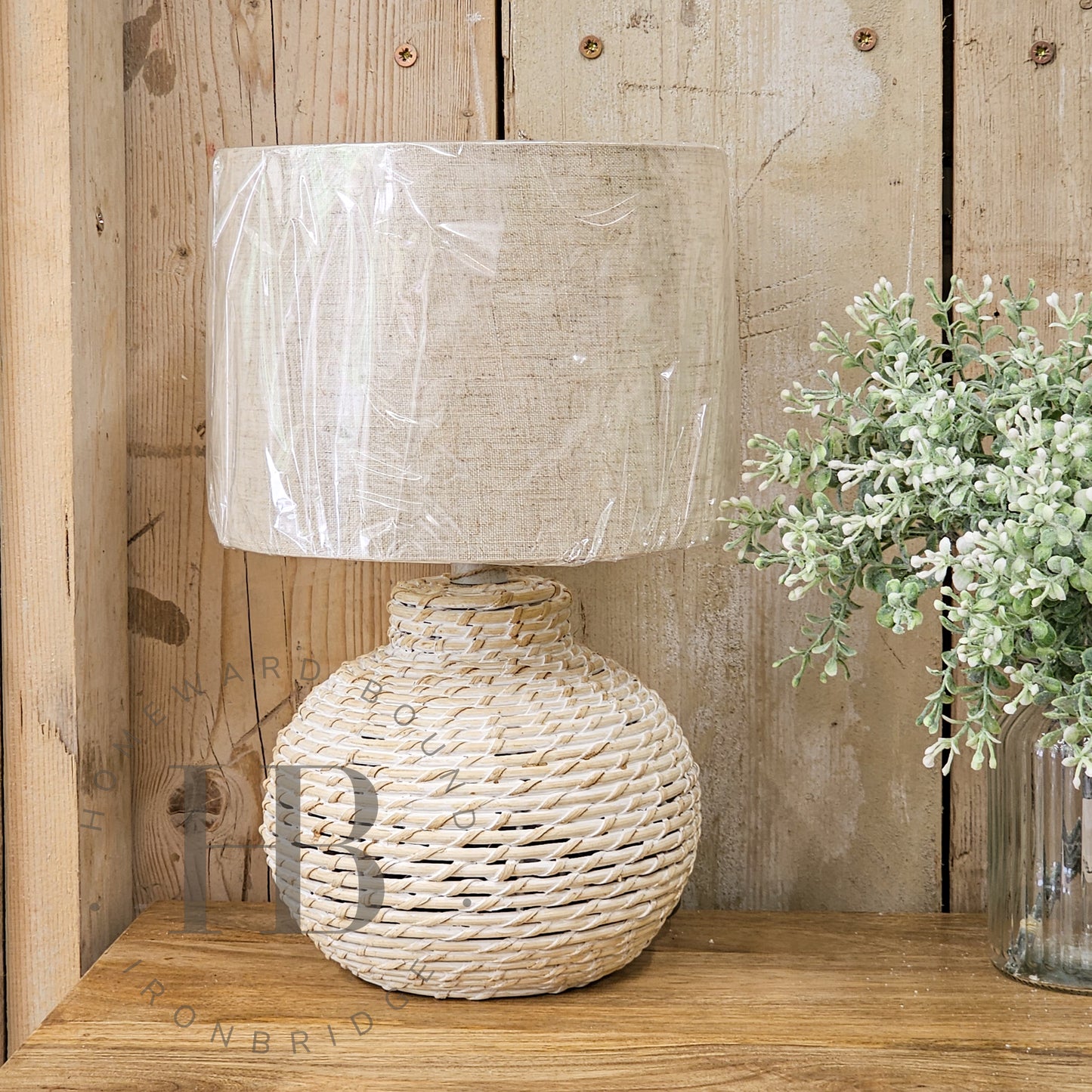 White Wash Small Bulbous Wicker Table Lamp