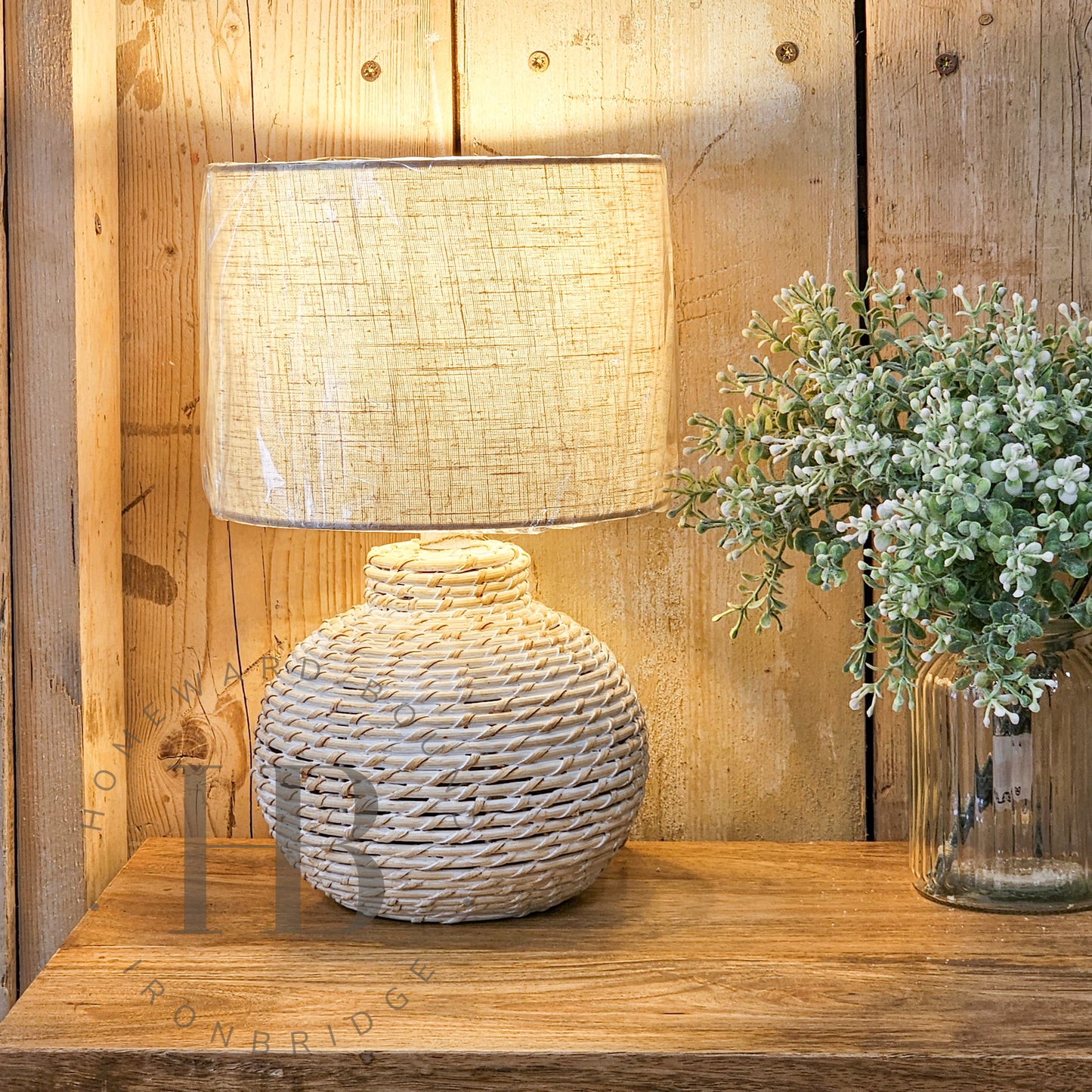 White Wash Small Bulbous Wicker Table Lamp