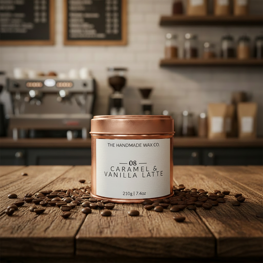 Candle labeled '08 Caramel & Vanilla Latte' from The Handmade Wax Co. on a wooden table with coffee beans, in a coffee shop setting.