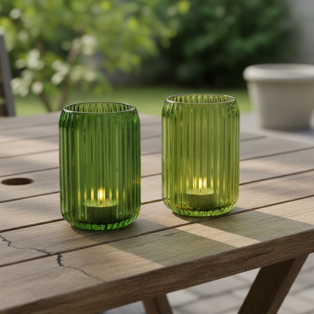 Green Ribbed Heavy Glass Tealight Holders - Large