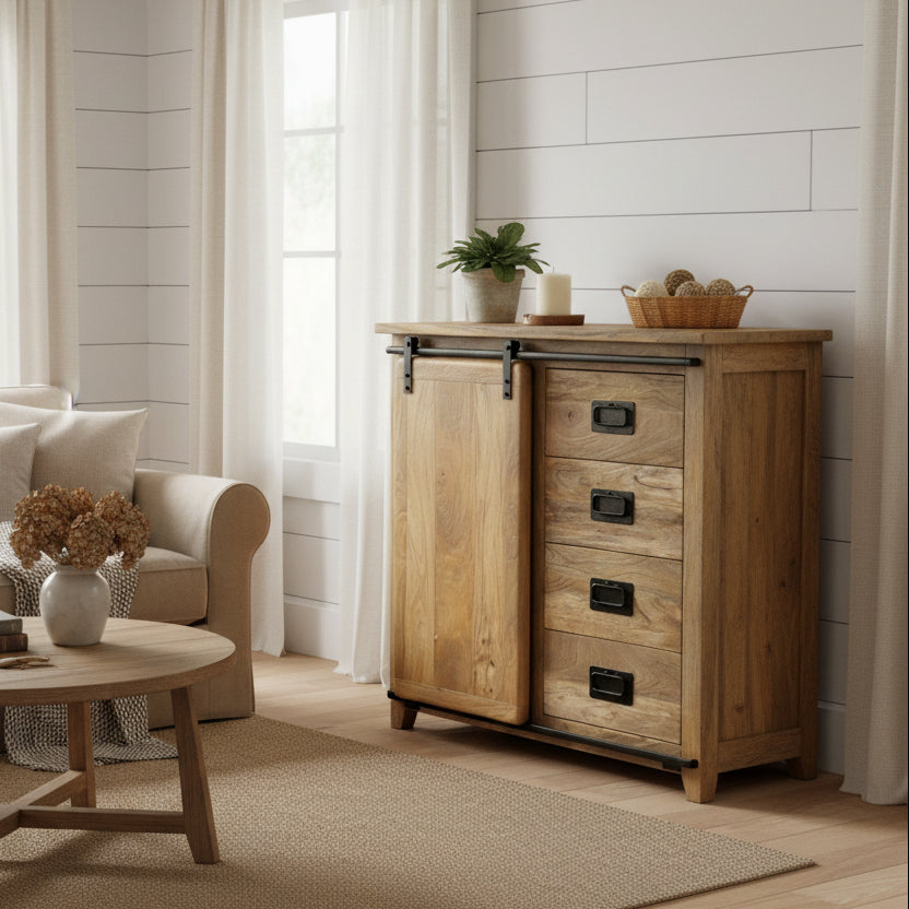 Mango Wood Sliding Door/Drawer Unit