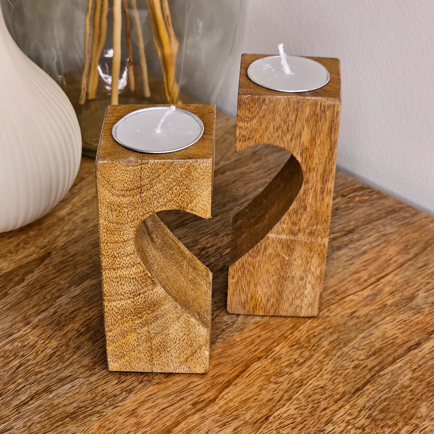 Set of Two Heart Mango Wood Tealight Holders
