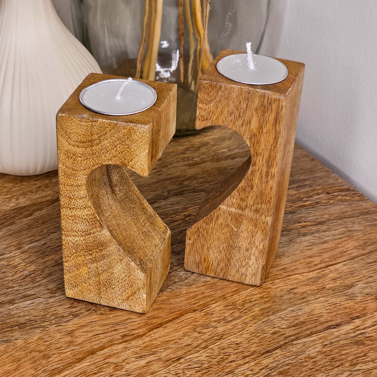 Set of Two Heart Mango Wood Tealight Holders