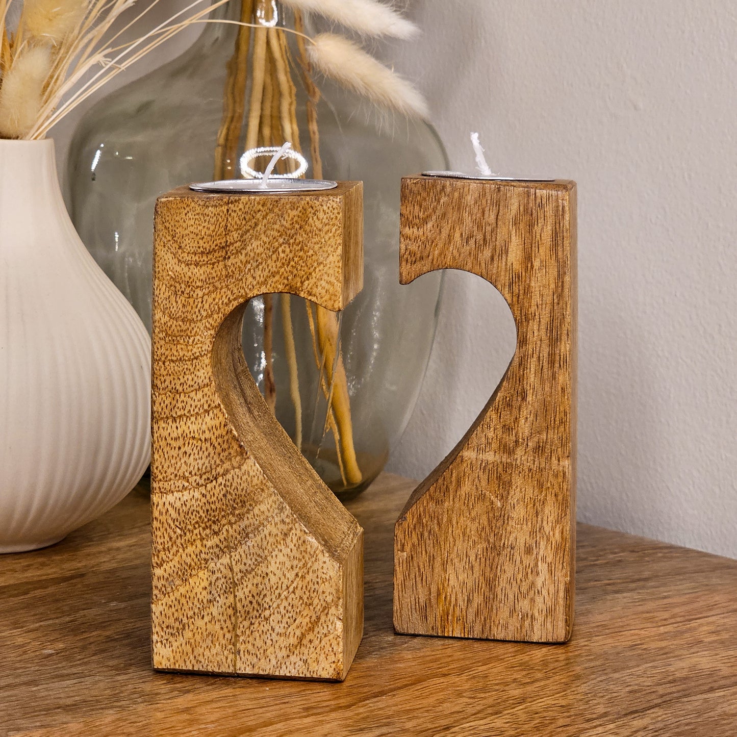 Set of Two Heart Mango Wood Tealight Holders