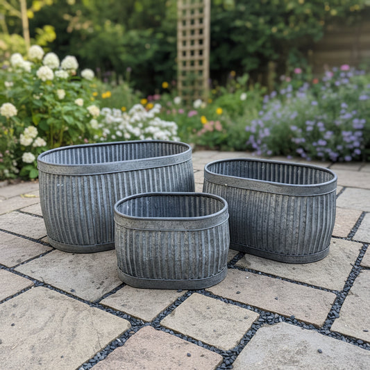 Oval Ribbed Metal Planters