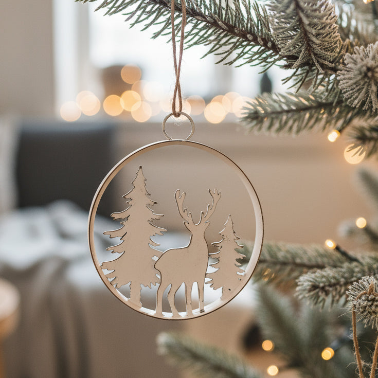 Decorative metal ornament with deer and pine tree design on a green background