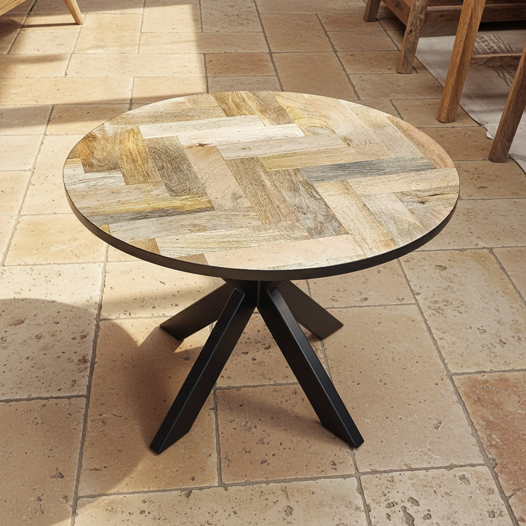 Round Herringbone Coffee Table - Metal Legs