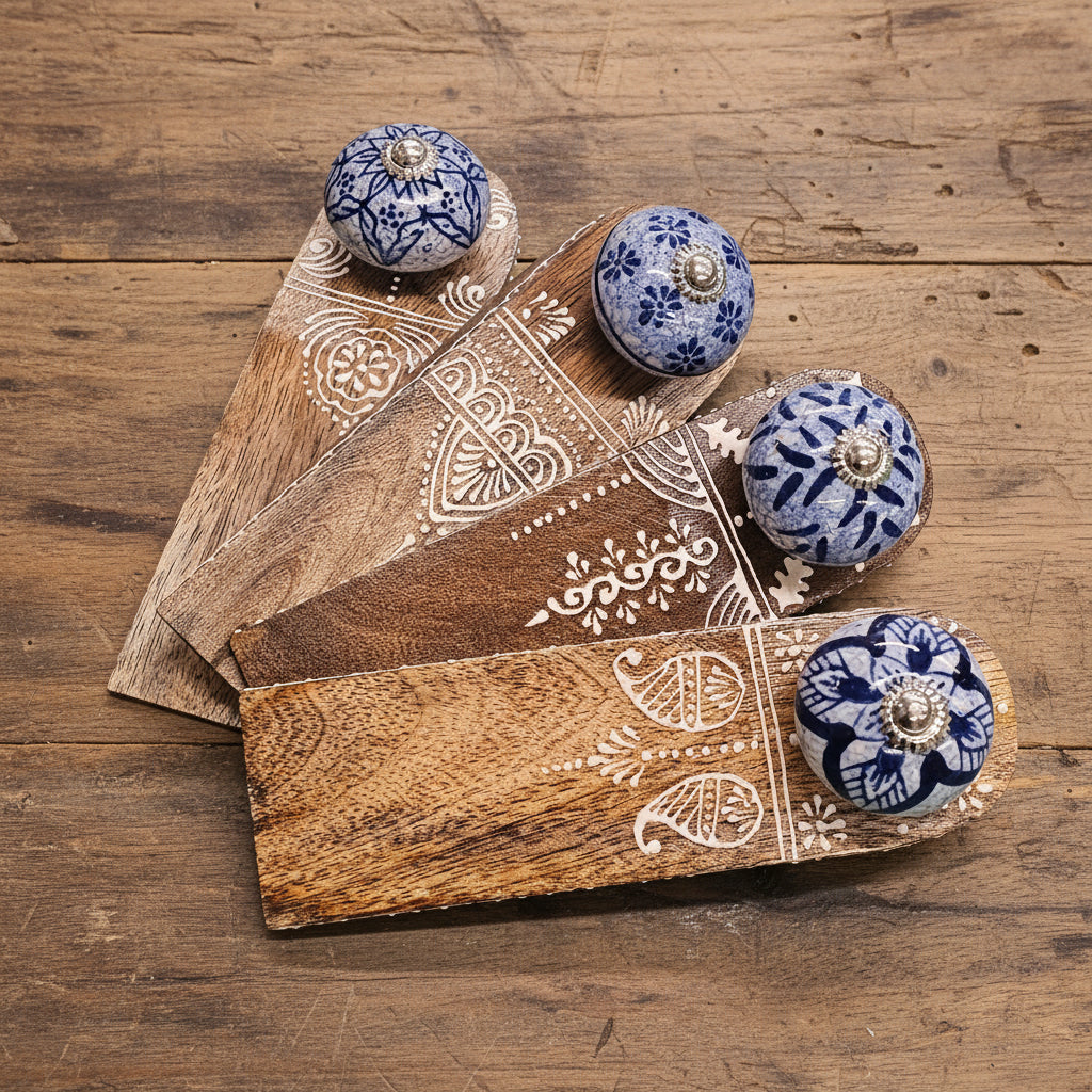 Mango/Ceramic Knob Doorstop - Blue Patterned