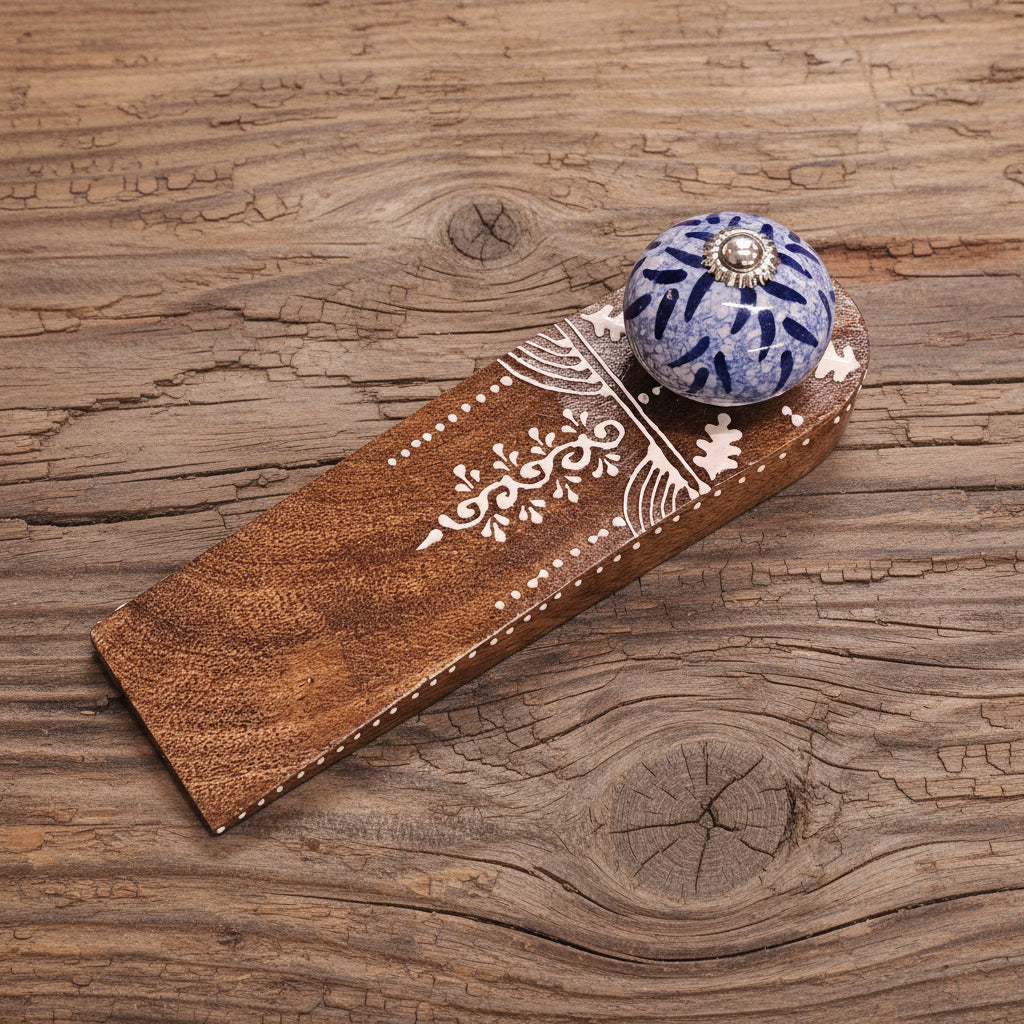 Mango/Ceramic Knob Doorstop - Blue Patterned