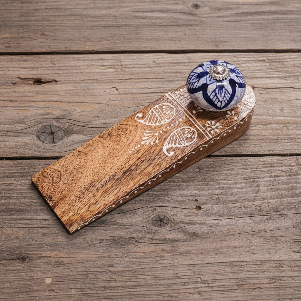 Mango/Ceramic Knob Doorstop - Blue Patterned
