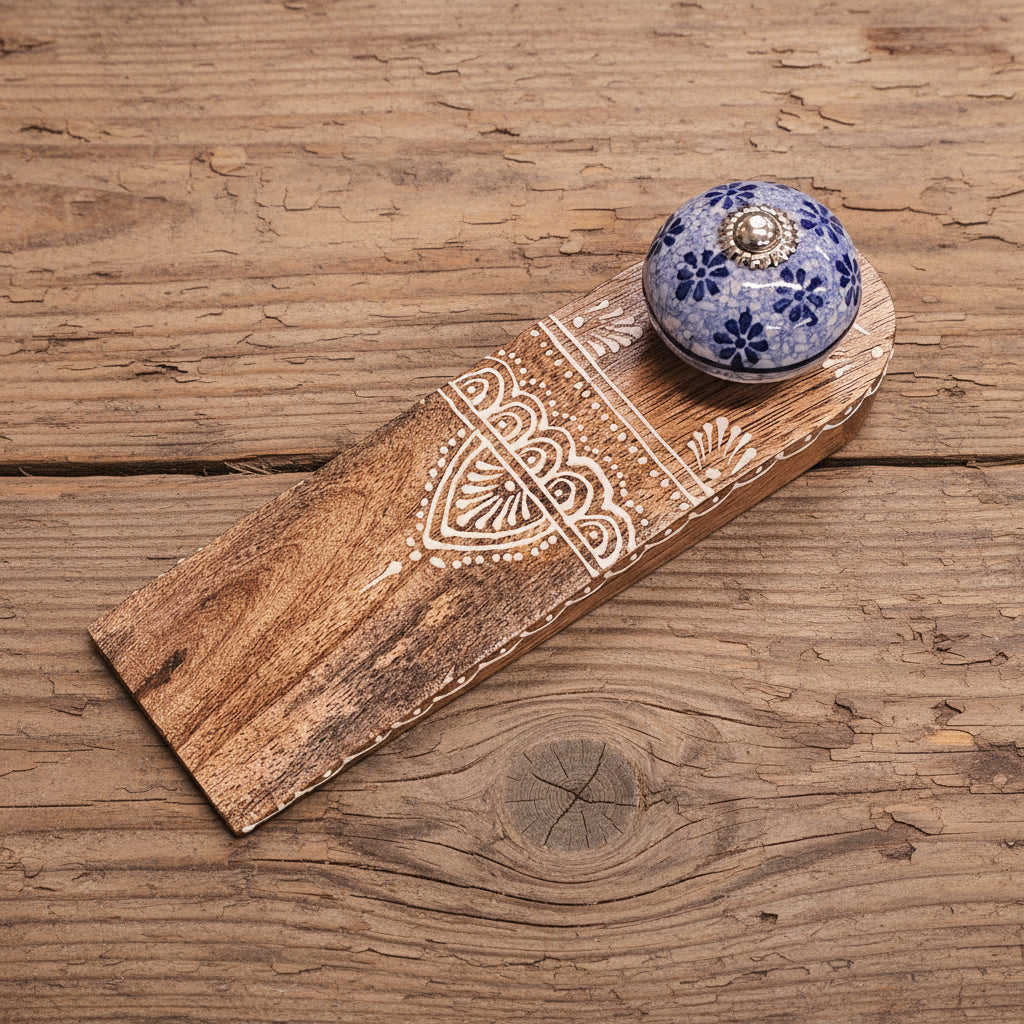 Mango/Ceramic Knob Doorstop - Blue Patterned