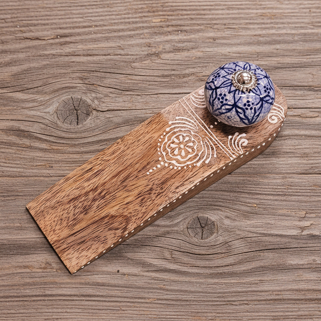 Mango/Ceramic Knob Doorstop - Blue Patterned
