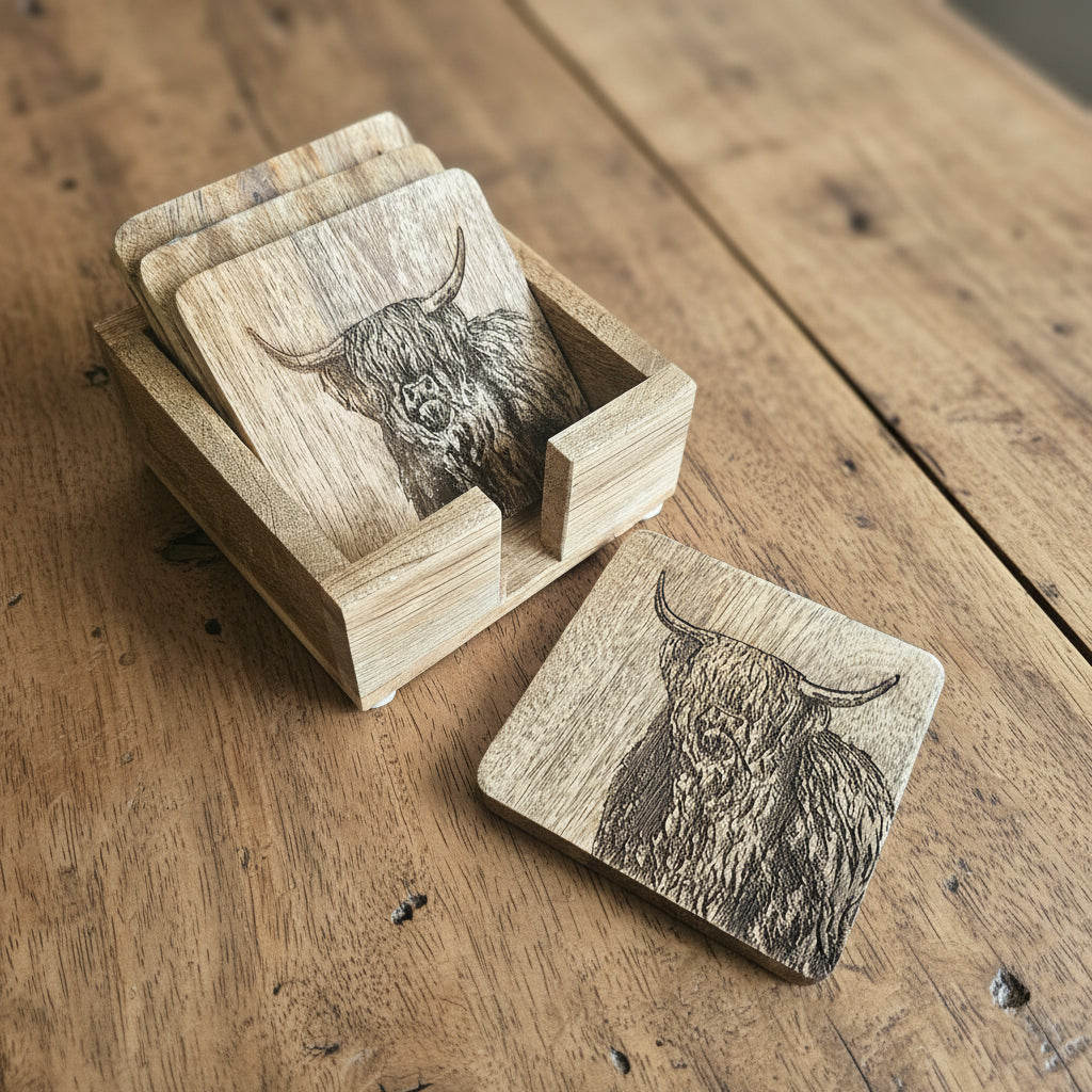 Highland Cow Coasters in Holder