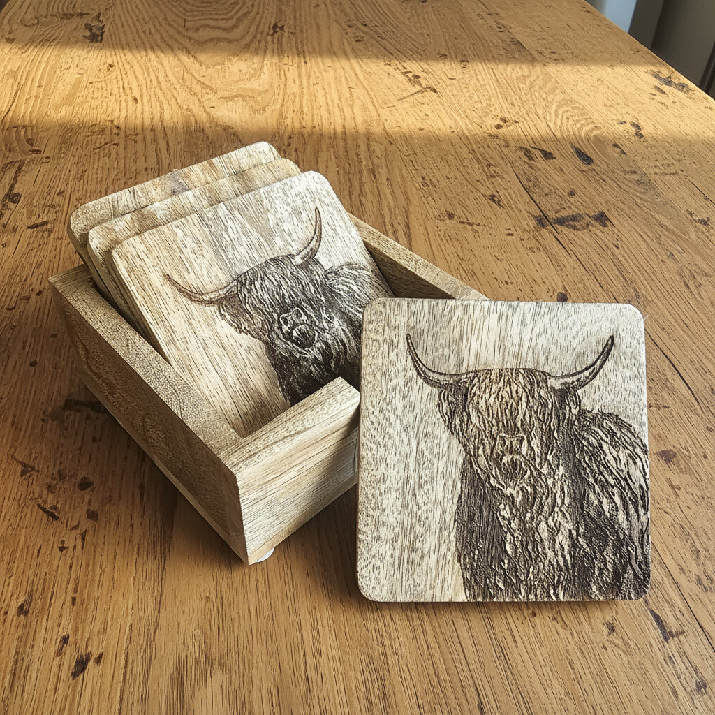 Highland Cow Coasters in Holder