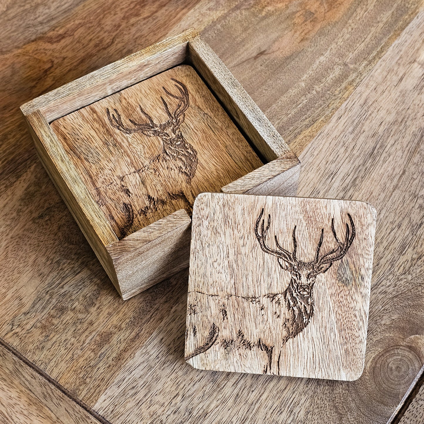 Mango Wood Stag Coasters in Holder