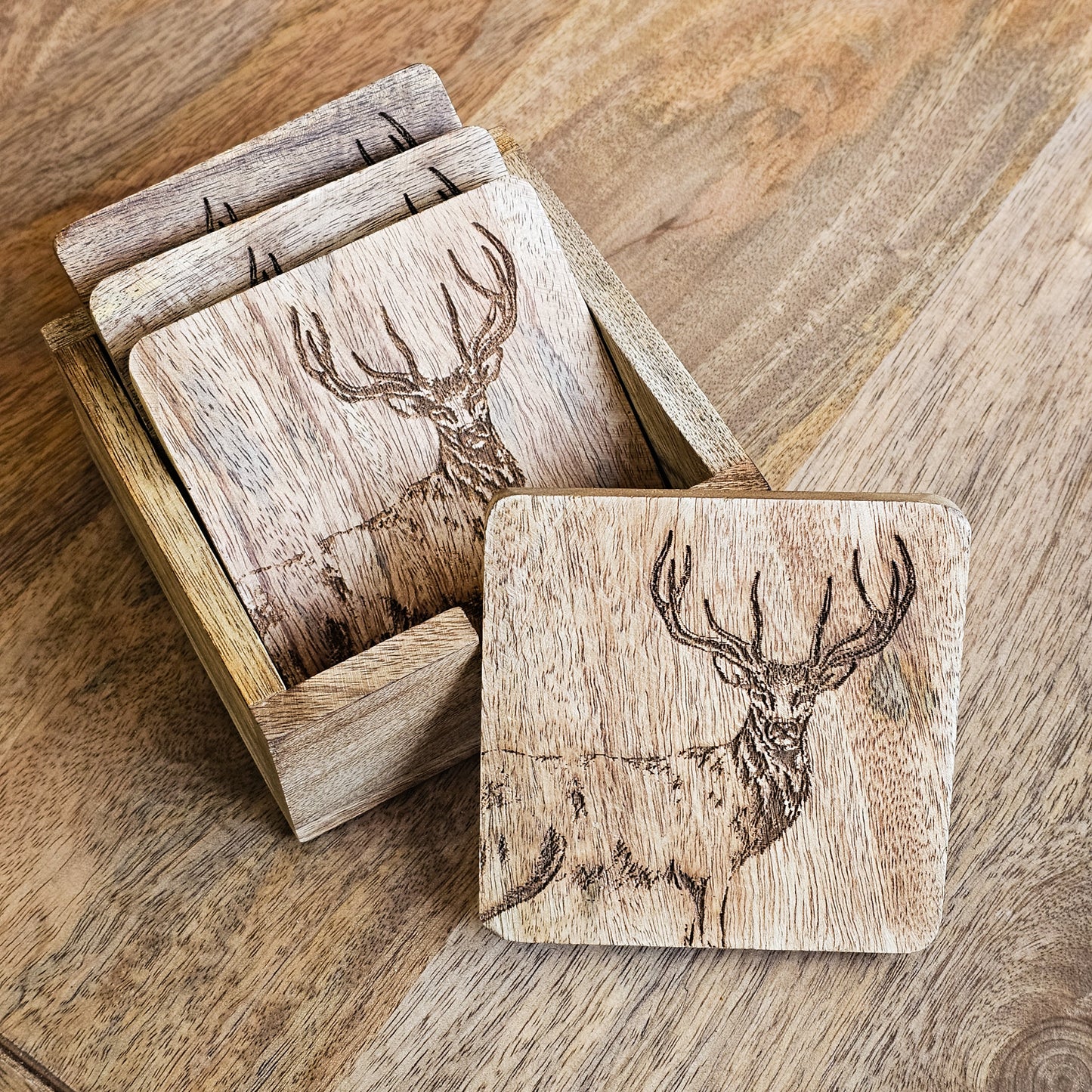Mango Wood Stag Coasters in Holder