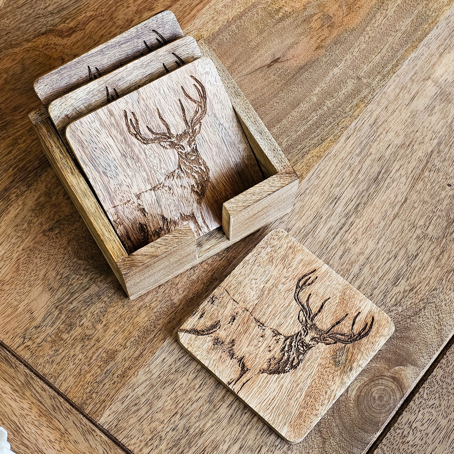 Mango Wood Stag Coasters in Holder