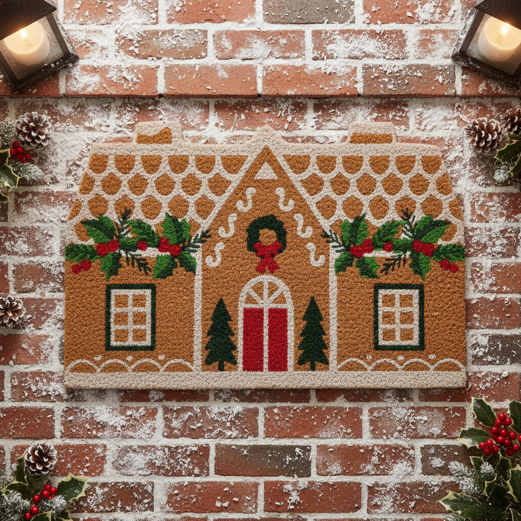 Gingerbread house-shaped doormat with decorative elements on a white background