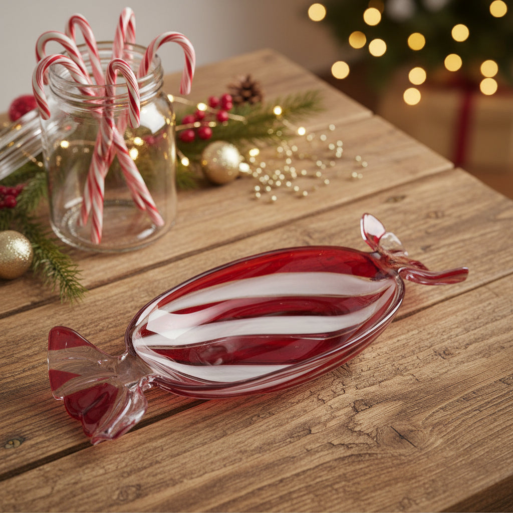 Glass candy dish with red and white stripes on a white background