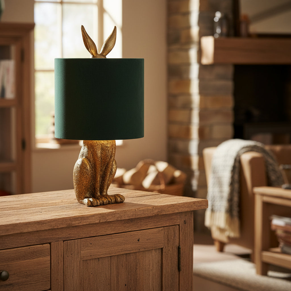 Antique Gold Hare Lamp with Green Shade