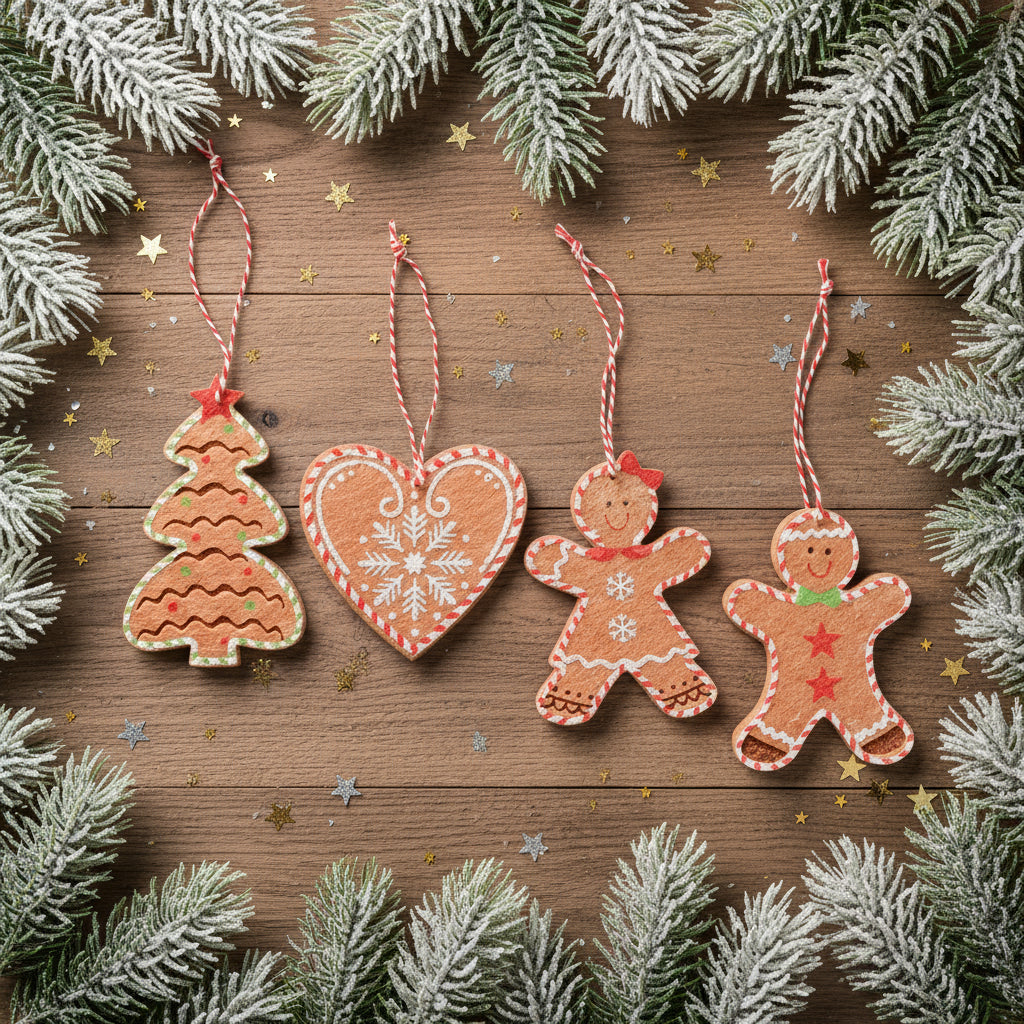 Set of four gingerbread-themed Christmas ornaments on a white background
