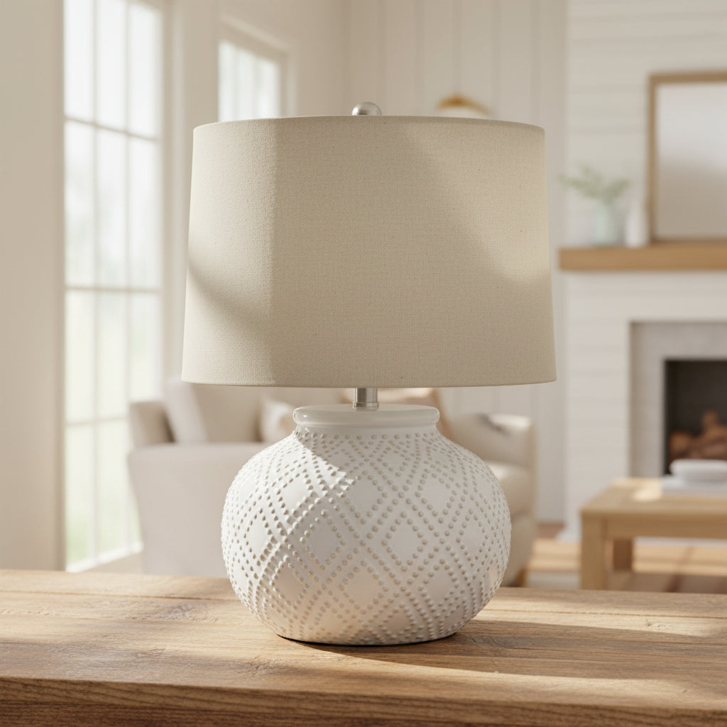 Squat White Beaded Ceramic Lamp