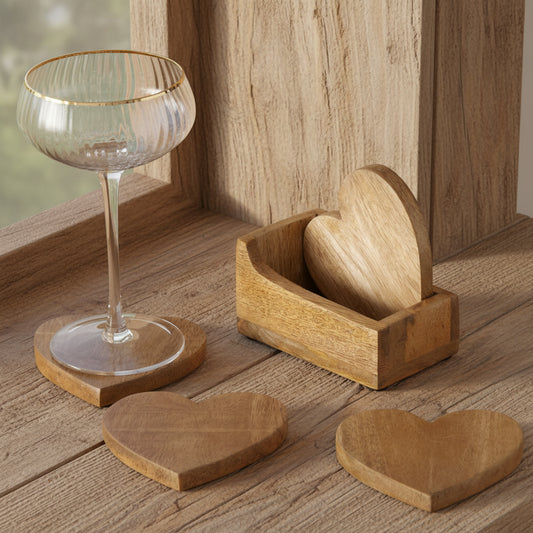 Mango Wood Heart Coasters in Wooden Holder