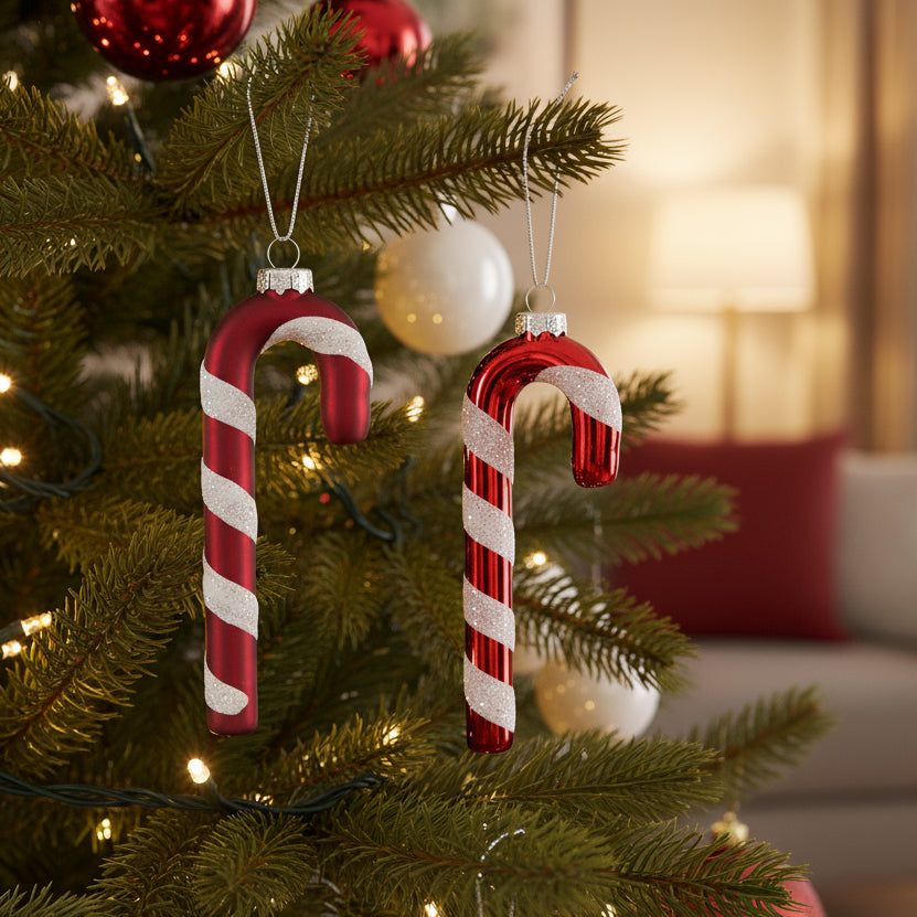 Two red and silver candy cane-shaped Christmas ornaments on a white background