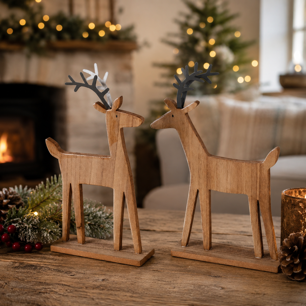 Wooden Reindeer - Pine & Metal