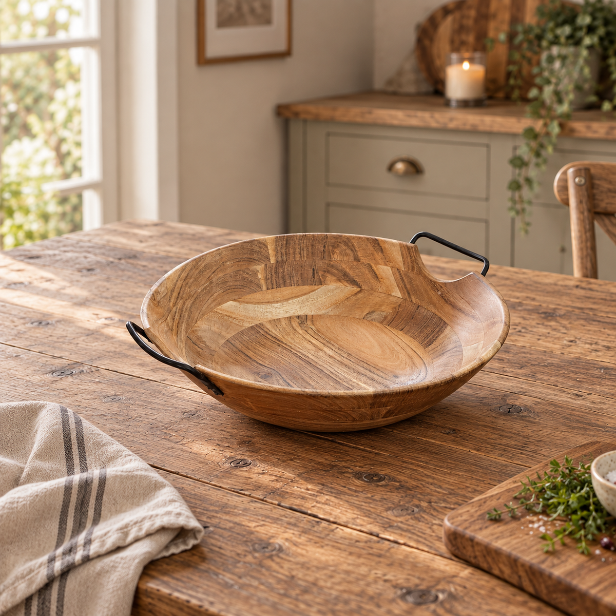 Acacia Wood Salad Bowl With Handles - Large
