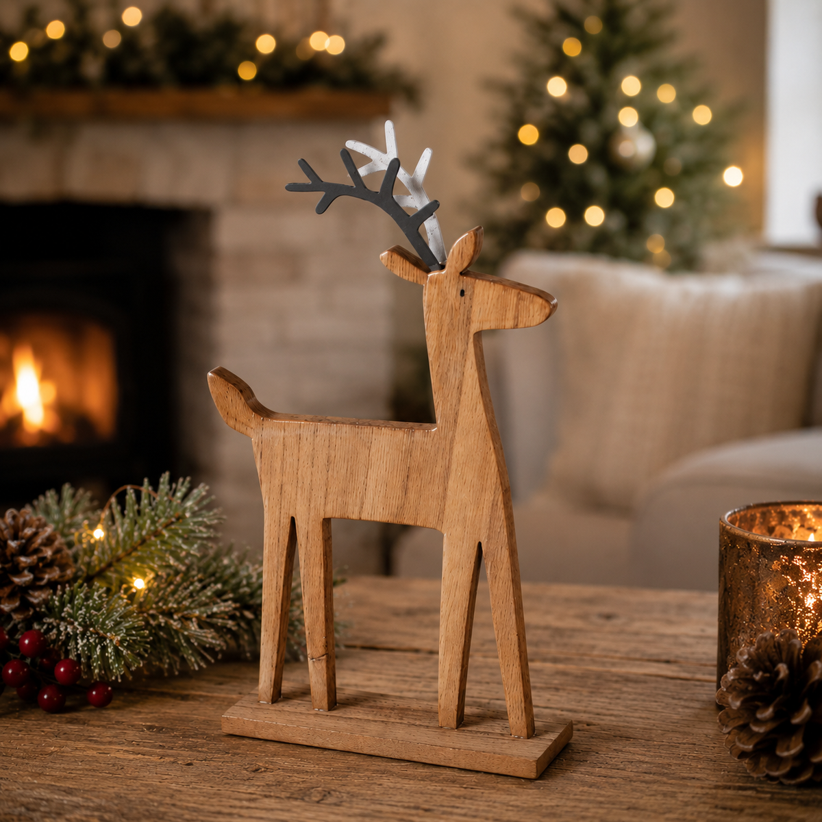 Wooden Reindeer - Pine & Metal