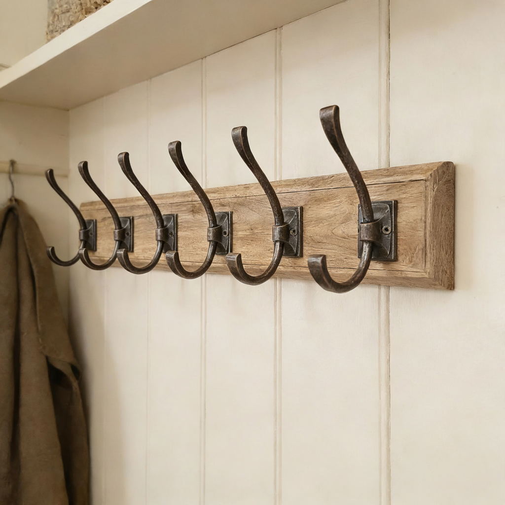Iron Coat Hooks Mounted on Mango Wood