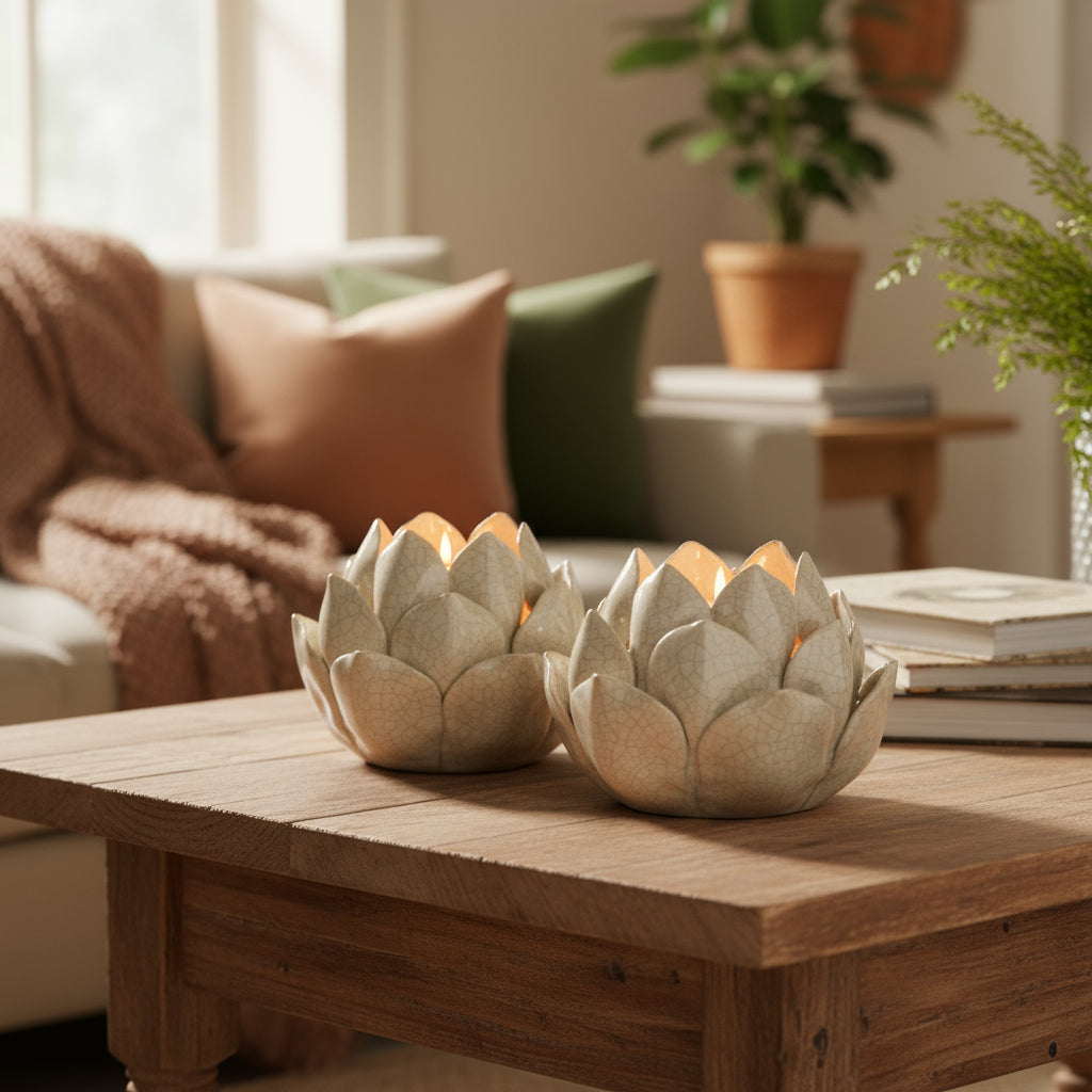 Two ceramic lotus flower-shaped candle holders on a white background