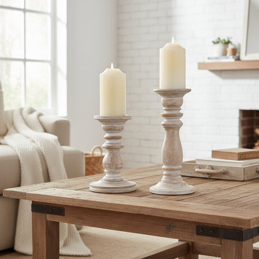 White Wash Wooden Candle Holders