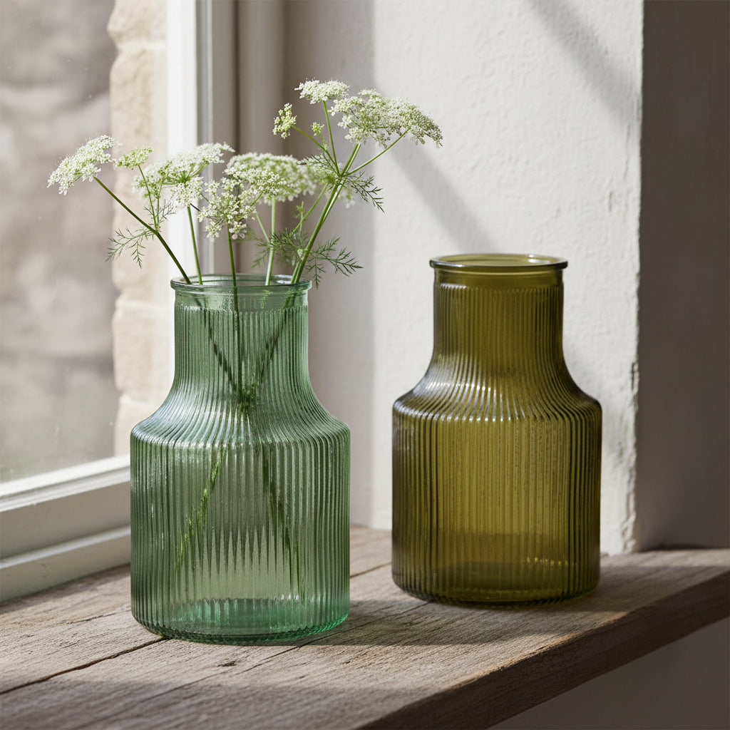 Green Ribbed Funnel Vase - Large