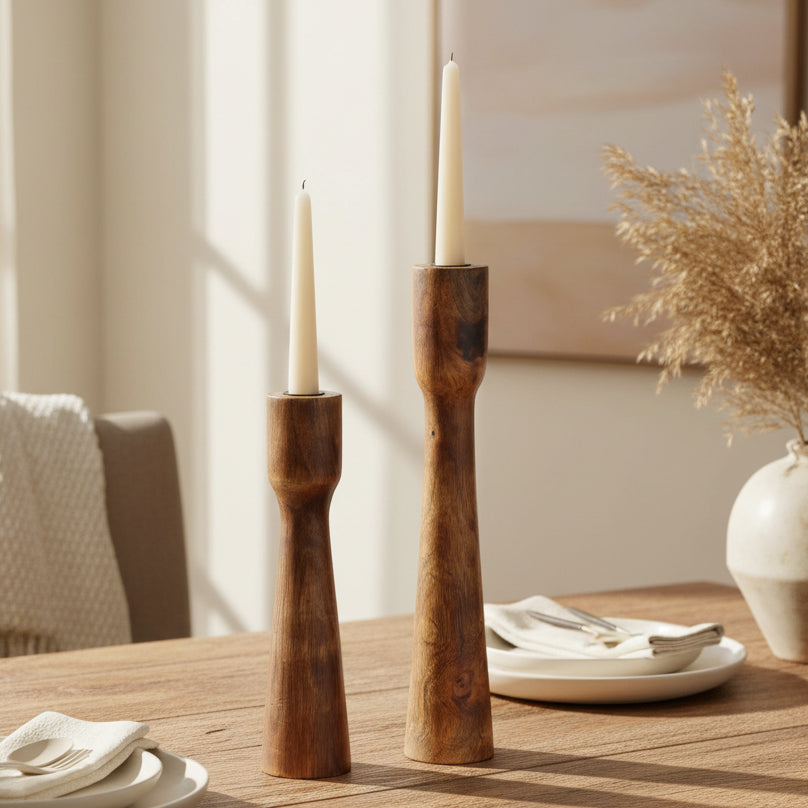 Mango Wood Candle Holders - Set of 2