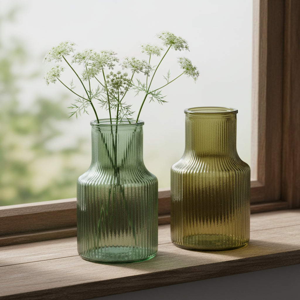 Green Ribbed Funnel Vase - Small