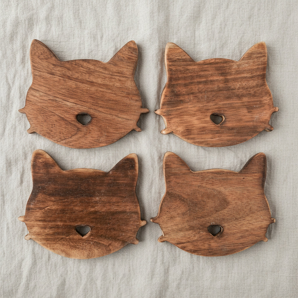 Mango Wood Cat Coasters - Set of 4