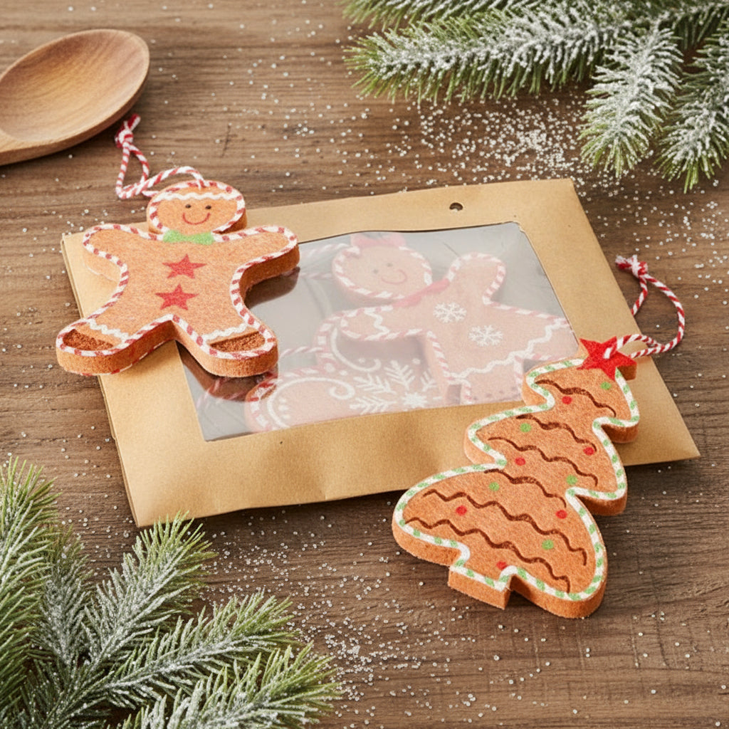 Two gingerbread cookie ornaments on a white background with a cardboard packaging box.