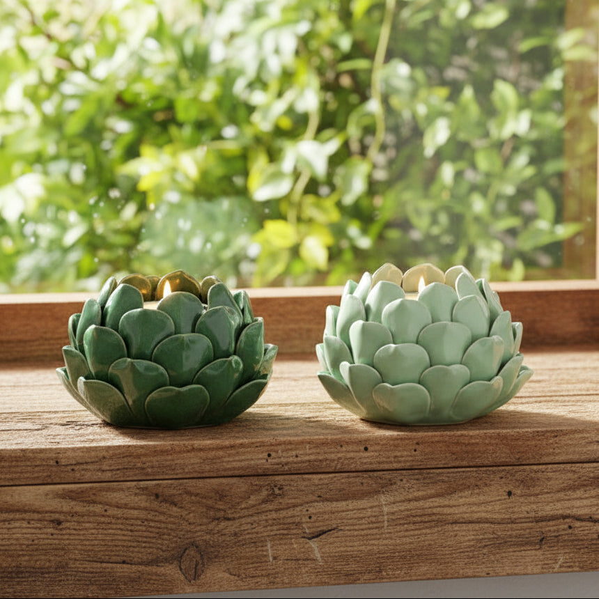 Green Earthenware Artichoke Candle Holder