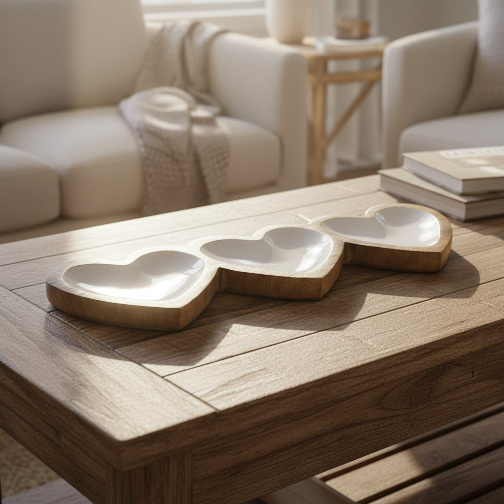 Enameled Three Heart Mango Wood Tray