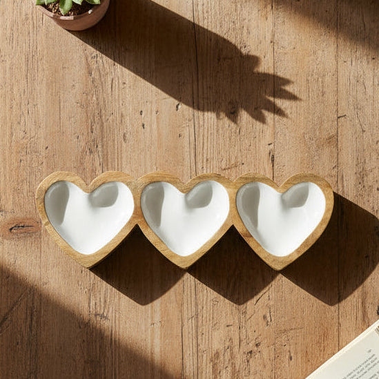 Enameled Three Heart Mango Wood Tray