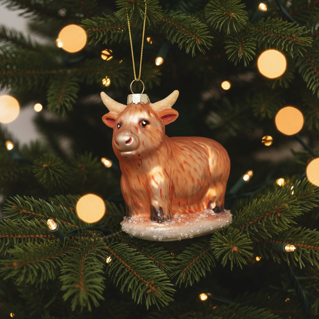 Glass ornament of a Highland cow on a white background