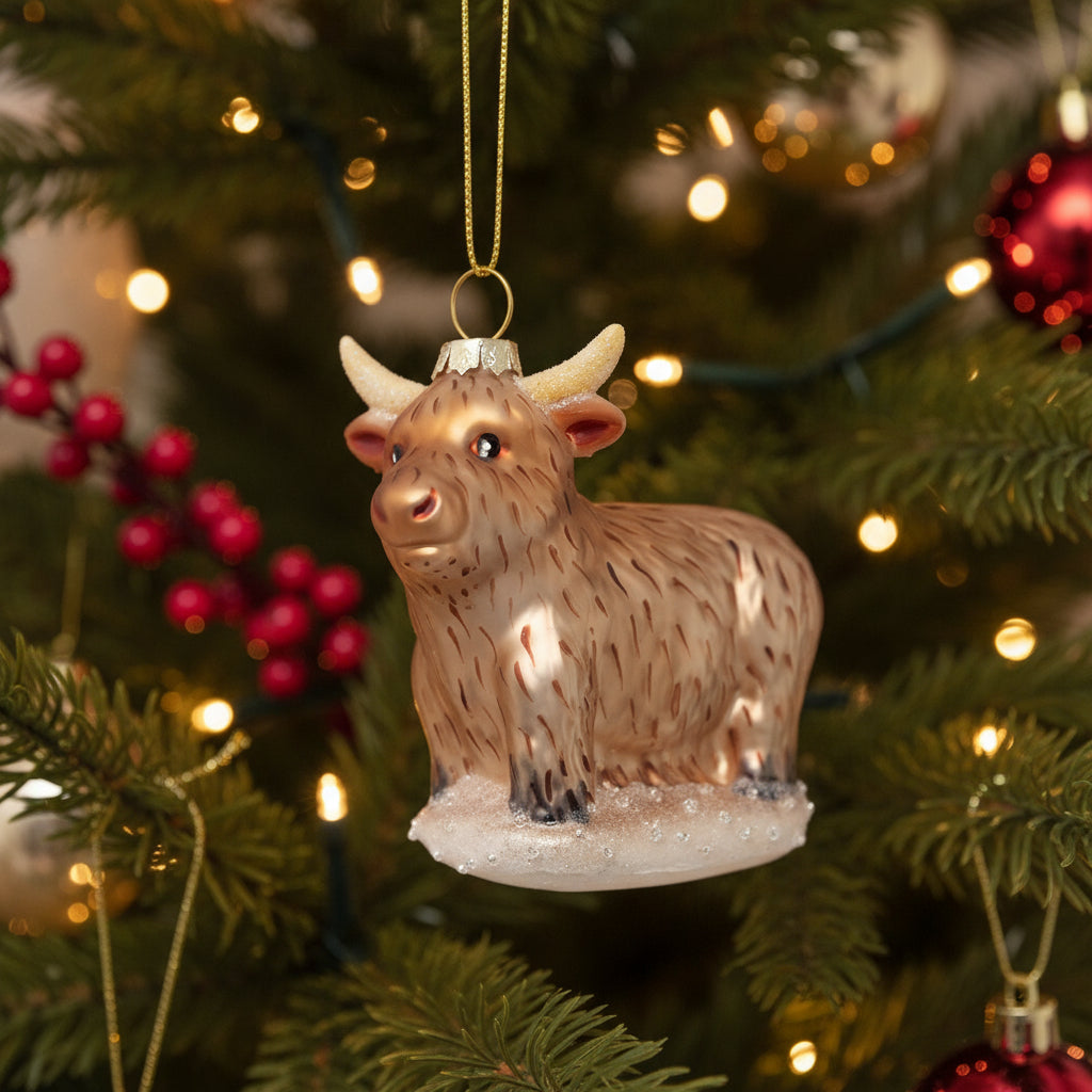 Glass ornament of a highland cow christmas decoration on a white background