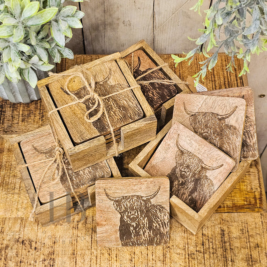 Highland Cow Coasters in Holder