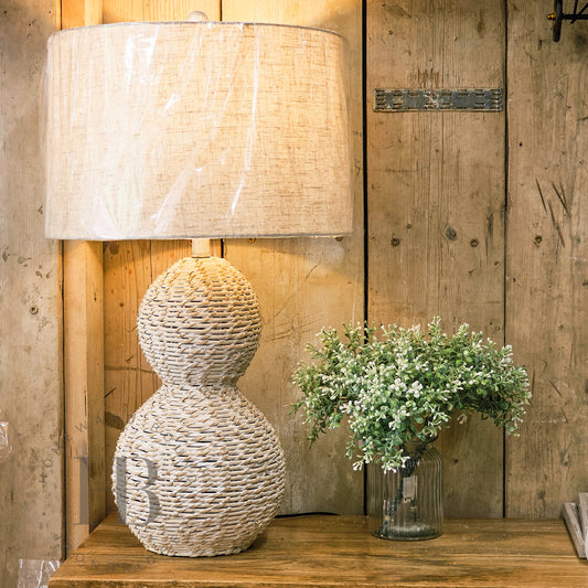 White Wash Double Ball Wicker Table Lamp with Shade
